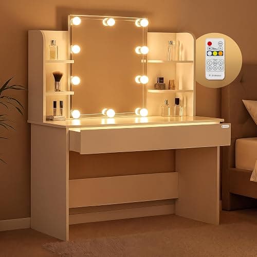 Casaria® Schminktisch mit Spiegel LED Beleuchtung Fernbedienung Schublade Beleuchtet Organizer Weiß Frisiertisch Ablagen 110x40cm Kosmetiktisch Holz - Image 1