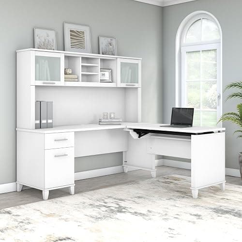 Bush Furniture Somerset 72W 3 Position Sit to Stand L Shaped Desk with Hutch in White | Adjustable Height Table for Home Office thumbnail 4