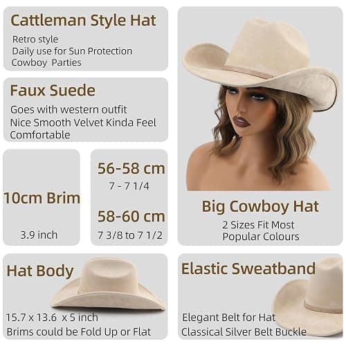 Melesh Big Cowboy Hat for Women Men Wide Brim Cowgirls Beach Cattleman Western Cowboys Hat thumbnail 4