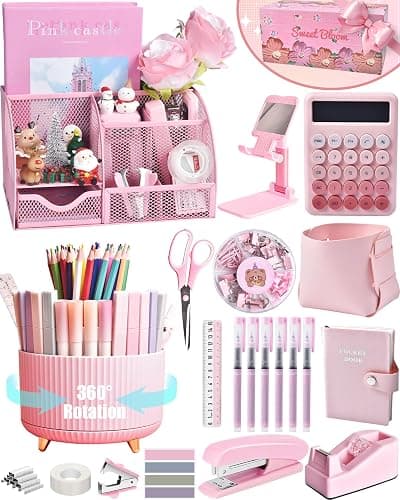 LXEVIHK 21Pcs Pink Desk Organizers and Accessories With Mesh Desk Organizer and 360°Rotating Pen Holder and a Lot of Office Pink Office Supplies Beautifully Presented in a Gift Box - Image 1