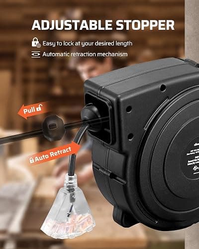 DEWENWILS Retractable Extension Cord Reel, 50 FT Heavy Duty Power Cord, 14AWG/3C SJTOW, 3 Grounded Outlets Lighted Triple Tap, 13 Amp Circuit Breaker, UL Listed thumbnail 4