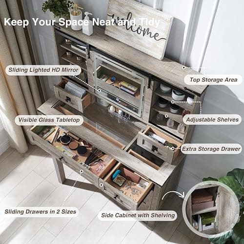 T4TREAM Farmhouse Makeup Vanity Desk with Sliding Mirror and Lights, 42'' Glass Tabletop Vanity Table with 2 Drawers & Shelves, Rustic Big Vanity Set for Bedroom, Light Rustic Oak thumbnail 4