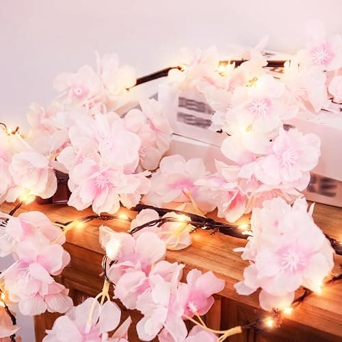 obbsie 6FT Lighted Cherry Blossom Garland with 100 Fairy Lights Timer Battery Operated Artificial Cherry Blossom Flower Vines with Lights for Mantle Home Fireplace Wedding Party Office Decor thumbnail 6