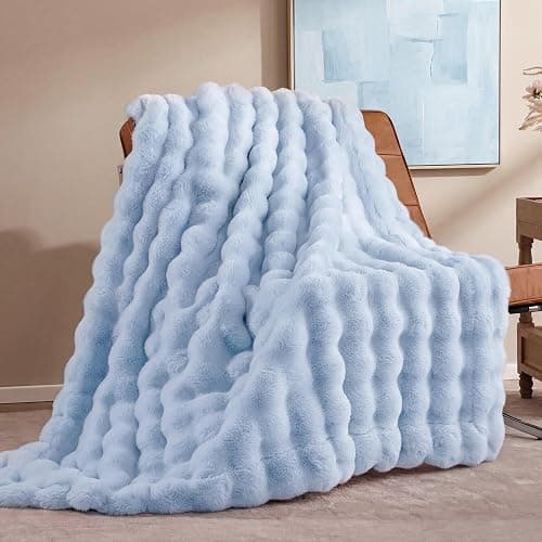 Smoofy Faux Fur Throw Blanket for Couch - Light Blue Super Soft Cozy Bubble Blanket, Fluffy Plush Fuzzy Throw for Sofa & Bed, Thick Lightweight Warm Blanket, Luxury Aesthetic Gift for Women 60"x80" - Image 1