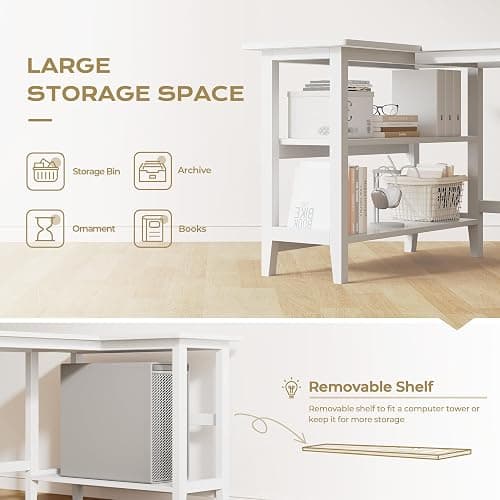 IOTXY 45" Reversible L-Shaped Office Desk with Storage Shelves, White | Solid Rubberwood Legs, 0.6" MDF Desktop, Reversible 2-tier Shelves, Compact Corner Computer Table for Small Spaces thumbnail 5