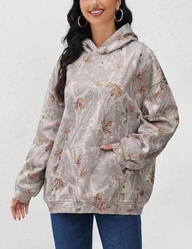 JEIBKOUY Womens Oversized Camo Hoodie Y2k Maple Leaf Print Fleece Hooded Pullover Sweatshirt Casual Long Sleeve Fall Outfits thumbnail 3