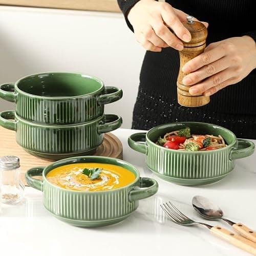 Howise Soup Bowls with Handles, 23 oz French Onion Soup Crocks, Stackable Soup Bowl Oven Safe for Chili, Beef Stew, Embossment Ceramic Bowl Set - 5.4 Inch, Set of 4 (Green) thumbnail 4