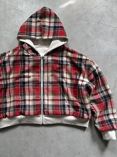 yssgtt Herren Hoodie mit Reißverschluss Reversible Karierte Jacke Y2K Kapuzenpulli Kapuzenjacke thumbnail 6