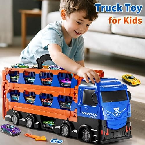 GYYCKTD Cars Truck Set Transport Toy for Kids, Race Track Set with 12 Die-Cast Cars, Trucks Playset, 2-Tier Launching Tracks, Carrier Toy for Boys Girls Birthday Gifts for Boys Ages 1-3 2-4 3-5 4-7 thumbnail 6