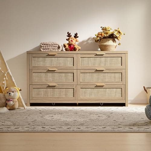 SICOTAS Rattan Dresser for Bedroom, 56.9" Wide 6 Drawer Dresser with Ample Storage, Dressers Large Chest of Drawers, Closet, Boho TV Stand for Bedroom (Reclaimed Light Oak, 1 Piece) thumbnail 5