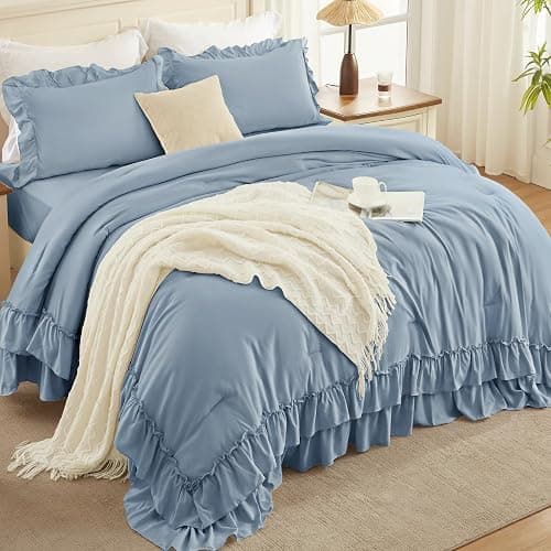 Andency Grayish Blue Comforter Set King Size, 3 Pieces Fluffy Shabby Chic Ruffle Comforter Set for Men, Women, Adults, Soft Lightweight All Season Polyester Bed Sets(104x90Inch) thumbnail 2