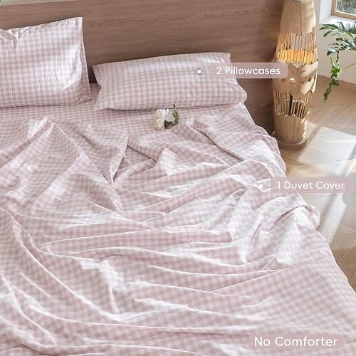 MooMee Gingham Duvet Cover Set 100% Washed Cotton Linen Like Textured Breathable Durable Soft Comfy Modern Checkered Design (Classic Gingham Greyish Pink, Queen 90"x90") thumbnail 2