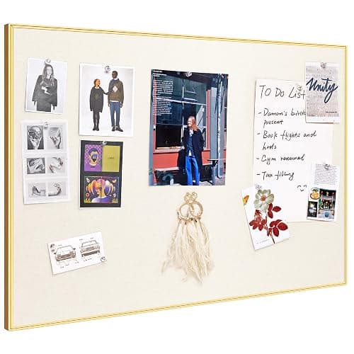 Bulletin Board 30 x 20 inches, Oatmeal White Pin Board, Golden Aluminum Framed Fabric Cork Board with 10 Push Pins - Image 1