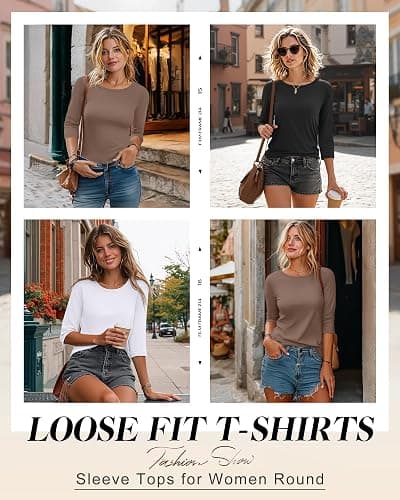 Ficerd 3 Pack 3/4 Sleeve Tops for Women Round Neck Dressy Basics Tees Casual Trendy Loose Fit T Shirts thumbnail 4
