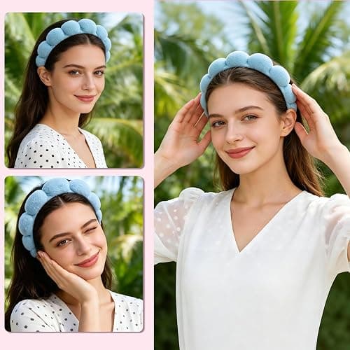 Real Perfection Spa Headband for Washing Face, Skincare Headband Wristband Set for Facial Mask Skin Care, Makeup Remover Towel Cloth Small Spray Bottle with Travel Makeup Bag Gifts for Women - Blue thumbnail 8