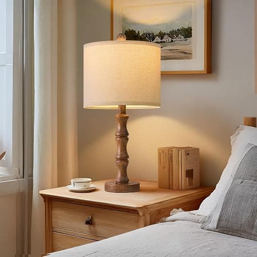 BOBOMOMO 20.5" Rustic Table Lamps Set of 2, Farmhouse Nightstand Lamp with Wood Grain Resin Base & Linen Shade, Small Bedside Lamp for Bedroom, Living Room & Apartment Décor- Ideal for Small Spaces thumbnail 2