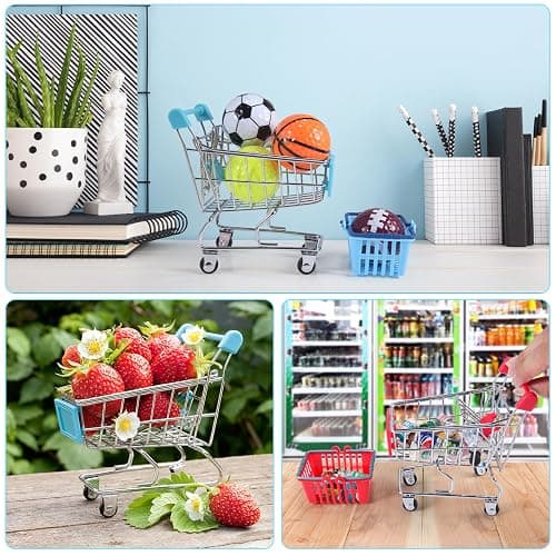 134pcs Mini Shopping Cart Basket Miniature Food Drink Bottle Supermarket Metal Handcart Toys Doll House Store Cosplay Game Dollhouse Grocery Fruit Cake Bread Party Trolley Model Dollar Bills thumbnail 3