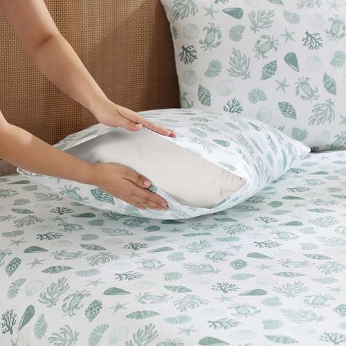 Caribbean Joe Queen Coastal Print Microfiber Sheet Set, Beachy Cove | Soft, comfortable 100% polyester microfiber 4-piece set with 12" deep pockets and a coastal seashell pattern thumbnail 3