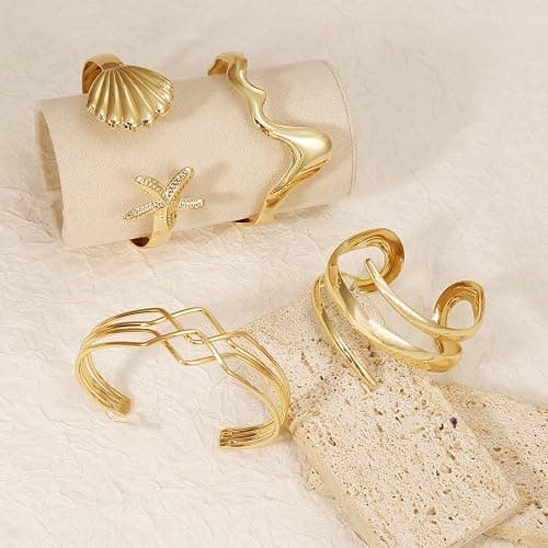 BROCC 4PCS 14K Gold Plated Stackable Cuff Bracelets Set for Women Adjustable Open Cuff Bangle Bracelet Hammered Wrist Thin Minimalist Gold Cuff Bracelets thumbnail 4