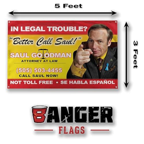 Banger - Better Call Saul! Billboard Image Breaking Bad Saul Goodman Motivational Inspirational Office Gym Dorm Wall Decor Design on a 3X5 Feet Flag with 4 Grommets for Easy Hanging. Authentic BANGER FLAG. thumbnail 3