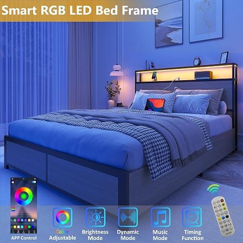 Lifezone Full Bed Frame with 2-Tier Storage Headboard, Metal Platform Bed Frame with 4 Storage Drawers, Built in Charging Station & LED, Noise-Free/Metal Support/No Box Spring Needed, Beige thumbnail 3