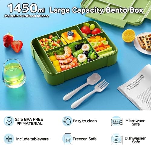 Jelife Bento Box Kids Lunch Box - 1450ml Large Leakproof 6 Compartments Kids Lunchbox Toddler Bento Box with Utensils for School, Book-Style Reusable Lunch Snack Containers for Daycare thumbnail 3
