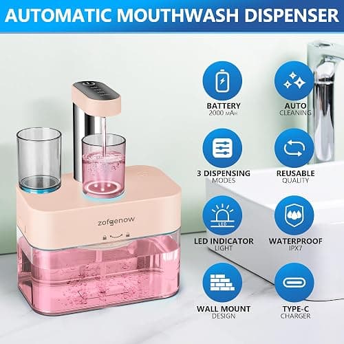 ZOFGENOW Upgraded Automatic Mouthwash Dispenser for Bathroom,Bathroom Accessories 17.6 FlOz Dispensers with Magnetic Cups,Adjustable Dispensing Levels, Pink thumbnail 4
