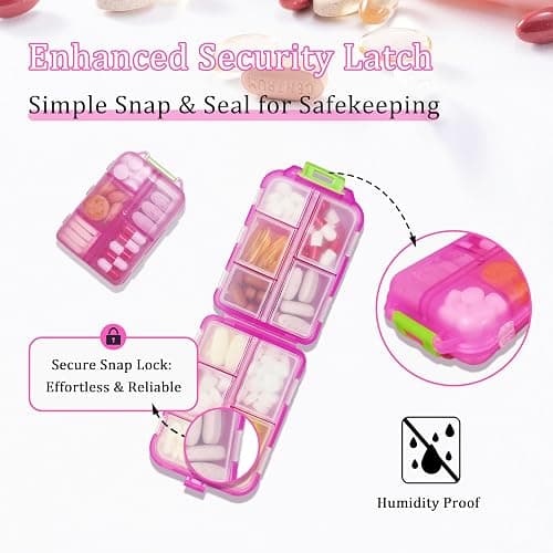 Pill Organizer with 161 Medicine Labels Travel Daily Pill Container Mini Medication Organizer Storage Pill Organizer Pill Case 7 Day (Pink) - Pink - Pill Box with Stickers thumbnail 5