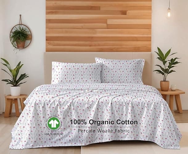 RUVANTI 100% Organic Cotton Sheets - Queen Sheet Set - 4 Piece Percale Weave Bedding, Crisp, Cooling & Breathable, Soft & Durable, 16" Deep Pocket, Hotel Quality Sábanas - Obsessed Stems thumbnail 3