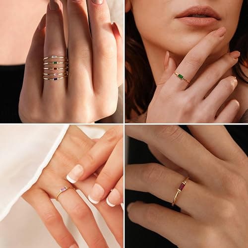 KOHOTA Gold Silver Birthstone Rings for Women Non Tarnish Dainty Rings | Engagement Wedding Promise Rings, Baguette Emerald Green CZ Gemstone Ring, Birthday Jewelry Gifts Size 6-10 thumbnail 4