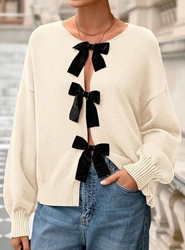 PRETTYGARDEN Cardigan Sweaters for Women Fall Fashion 2025 Bow Tie Front Long Sleeve Knit Sweater Tops Cute Winter Clothes thumbnail 3