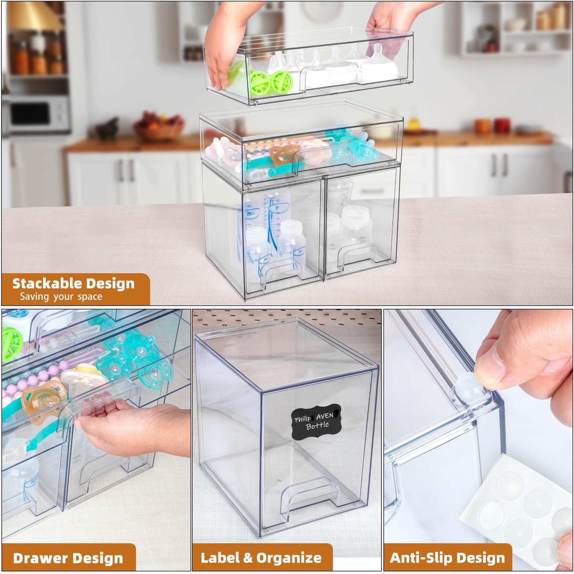 Baby Bottle Organizer, 4 Pack Stackable Storage Drawers with Labels, Clear Station Organizers Container for Pacifiers, Pump Parts, Desk Organizer Bins for Bathroom, Cabinet, Pantry, Vanity, Countertop thumbnail 5