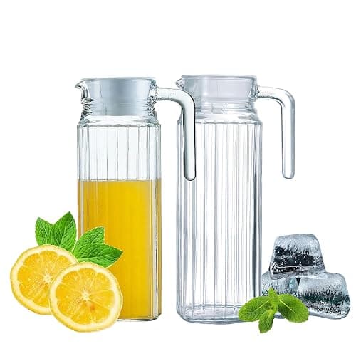 HOMESHOPA Glass Water Jug with Lid, 2 Pack 1.1L Water Pitcher Glass Carafe Jug for Hot/Cold Water Ice Tea Coffee Milk & Juice Beverage, Transparent Glass Fridge Door Water Jug with Spout and Handle - Image 1