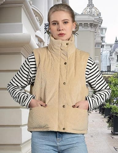Aisongyuan Womens Corduroy Puffer Vest Stand Collar Zip Snap Button Sleeveless Warm Waistcoat Padded Gilet thumbnail 2