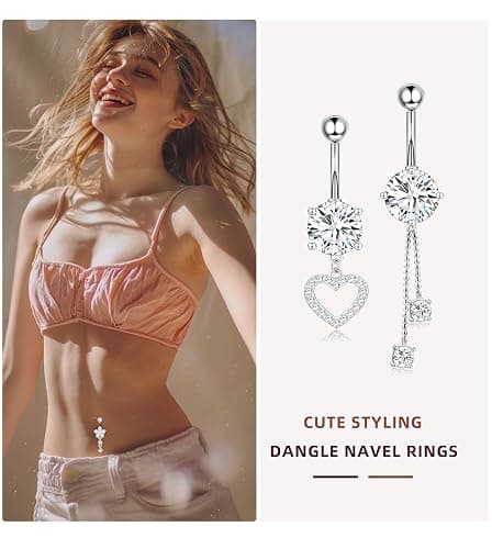 Leocuci Surgical Stainless Steel Dangle Belly Button Rings for Women Belly Ring Dangling Piercing Jewelry with Heart Flower Butterfly14G thumbnail 5