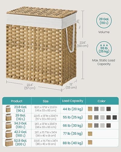 SONGMICS Laundry Hamper with Lid, 110L Clothes Hamper with 2 Removable Liner Bags, 6 Mesh Bags, Wicker Laundry Basket, Double Laundry Hamper for Bathroom, 13 x 22.4 x 23.6 Inches, Natural ULCB52NL thumbnail 2