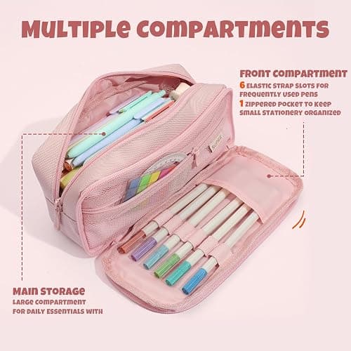 SUNEE Pencil Case, Large Capacity Pencil Pouch, Aesthetic Big Pen Bag 900D Oxford Pen Box for Office Stationery Organizer School Supplies Multifunctional for Teen Boys Girls Women Men, Pink thumbnail 5