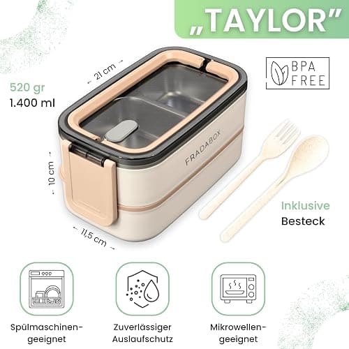 FRADABOX® Bento Lunchbox „Taylor“, 2 Etagen mit Fächern, Premium Edelstahl, BPA-freie Brotdose mit Besteck ideal für unterwegs, Meal Prep Bento Box für Erwachsene auslaufsicher und mikrowellengeeignet thumbnail 2