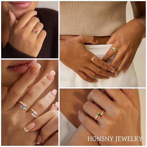 Honsny Gold Birthstone Rings for Women Non Tarnish 14K Gold Plated Adjustable Emerald Ring Cubic Zirconia Gemstone Promise Ring for Her Engagement Personalized Waterproof Jewelry Gifts for Birthday thumbnail 4