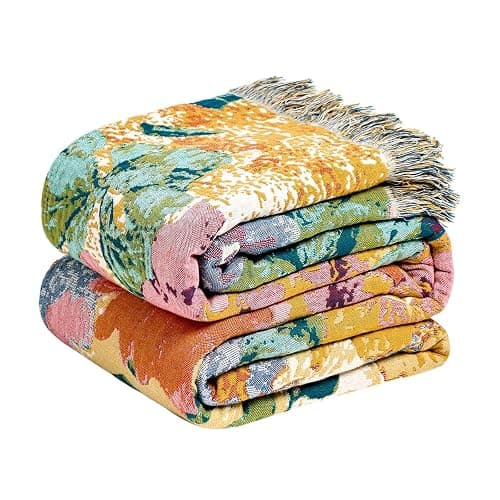 LUTBM Boho Throw Blanket for Bed Cotton Summer Blankets for Bedroom Living Room All Season Lightweight Floral Embroidery Reversible Twin Quilt for Couch Sofa Chair 60"x80" Home Decor - Image 1