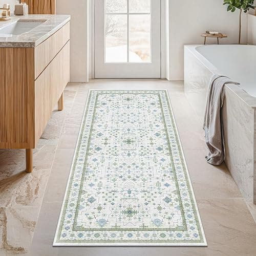 Hazo Haus Washable Oushak Bathroom Runner Rug 2x5 - Eclectic Boho Floral Pastel, Non Slip Low Pile Stain Resistant Small Throw Rug for Bedroom, Laundry Room, Powder Room, Cream Green - Image 1
