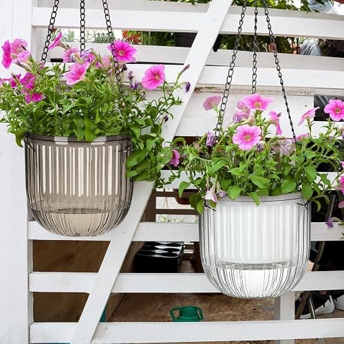 Maxcheck 4 Pcs Self Watering Hanging Planters Indoor Gift 6.5'' 4.5'' Hanging Flower Pots Baskets Outdoor Self Watering Plant with 3hooks Drainage Holes for Home(Grey,Clear) thumbnail 5