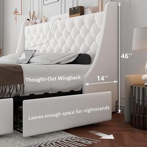 iPormis Full Size Bed Frame with 4 Storage Drawers, Upholstered Platform Bed Frame with Type-C & USB Ports, Wingback Storage Headboard, Solid Wood Slats, No Box Spring Needed, White thumbnail 6