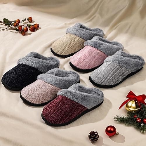 Slippers for Women Fuzzy House Slip on Indoor Outdoor Bedroom Furry Fleece Lined Ladies Comfy Memory Foam Female Home Shoes Anti-Skid Rubber Hard Sole thumbnail 6