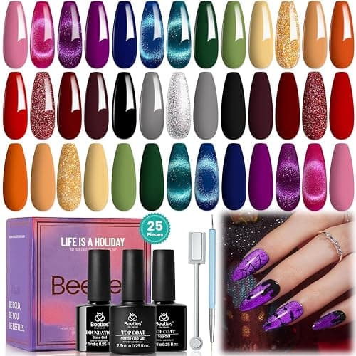 Beetles Winter Gel Nail Polish 20 Winter Colors Cat Eye Gel Polish Set Gift Spree Burgundy Red Purple with Magnet Pen Base Top Coat DIY Salon Manicured Soak Off UV LED Gifts for Women Gemstone Party thumbnail 9