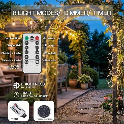 suddus Fairy Lights Battery Operated with Remote, 33ft 100 LED Dimmable Twinkle Lights with Timer, Waterproof Copper Wire String Lights for Bedroom, Christmas, Tree, Indoor Outdoor Decor (Warm White) thumbnail 2