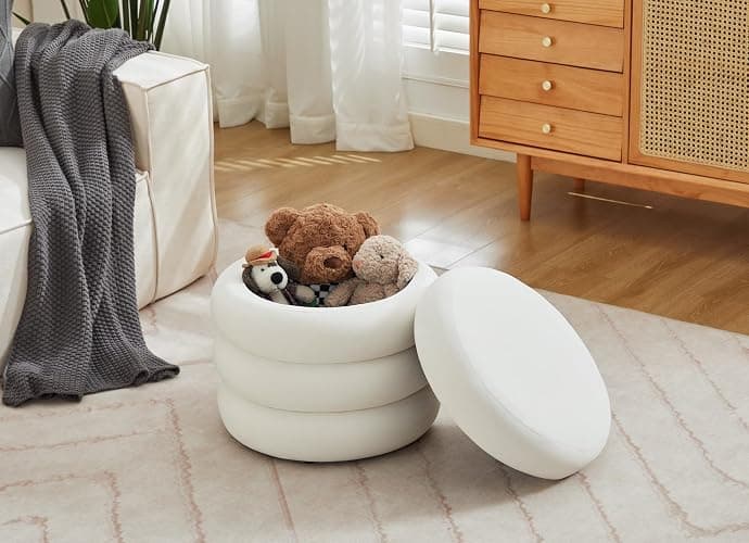 Flouki 20.1" Storage Ottoman Round, Vanity Stools for Bedroom, Velvet Pouf Ottoman with Removable Lid, Modern Ottoman Stool for Girls Women, Foot Stool for Living Room, White thumbnail 7