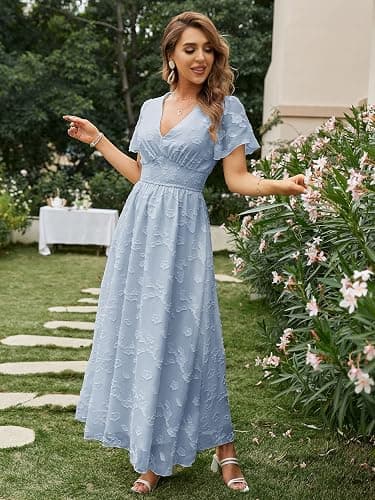 Simplee Women's Boho Floral Maxi Dress Flowy Casual V Neck Short Sleeve Wedding Guest Holiday Beach Long Dress thumbnail 3