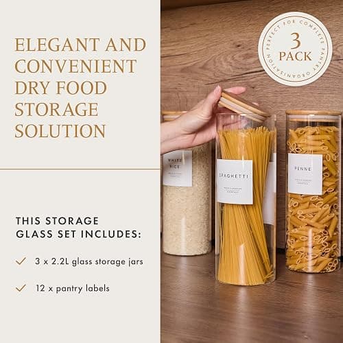 Livabl Set of 3 Glass Pantry Storage Containers with Lids- 12 Pantry Labels– (70oz) Glass Canisters with bamboo lids-Perfect Rice, Cereal, Flour, Pasta, Oats, food storage -Airtight-kitchen canisters thumbnail 3