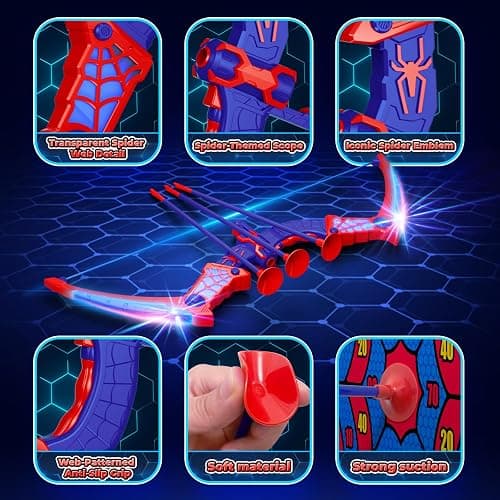 Spider Toys for Boys Age 3-4 4-6 6-8 8-12, Kids Toy BowArrow Shooting Set with Red & Blue LED Lights, Spider Quiver & Web Target, 8 Suction Cup Arrows, Toys Gifts for 3 4 5 6 7 8 9 10 12 Year Old Boys thumbnail 3